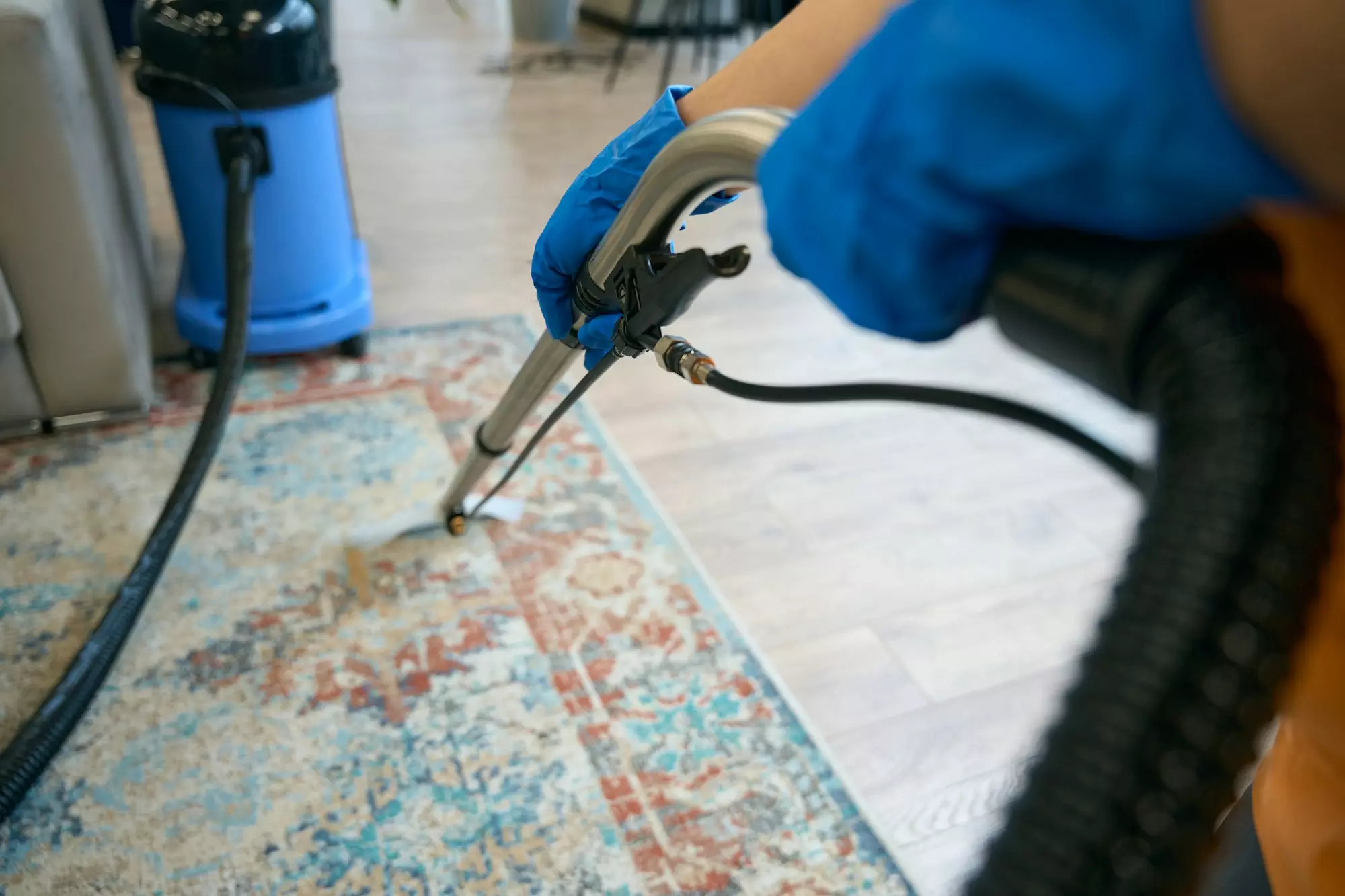 Process cleaning carpet with professional vacuum cleaner in coworking space