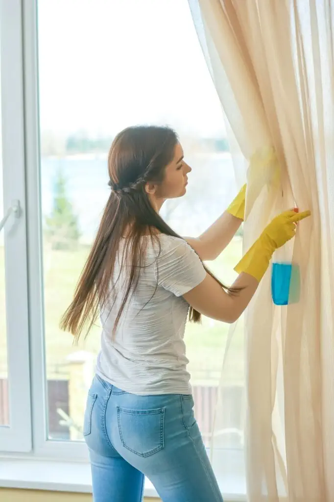 Housewife near a window, cleaning