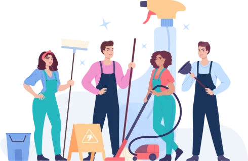 Illustartion d'une équipe d'employé dans une entreprises d'entretien et de nettoyage.
